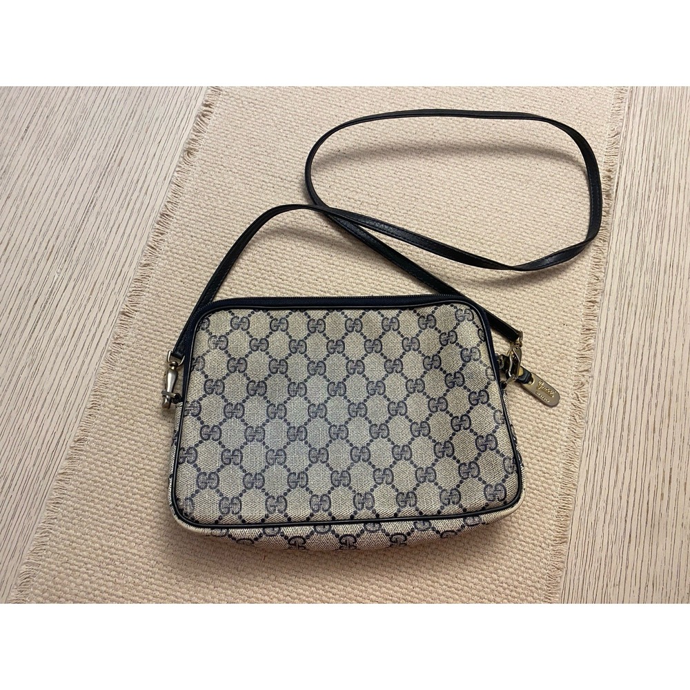 Gucci Vintage GG Supreme Coated Canvas Leather Bag Navy Blue Monogram
